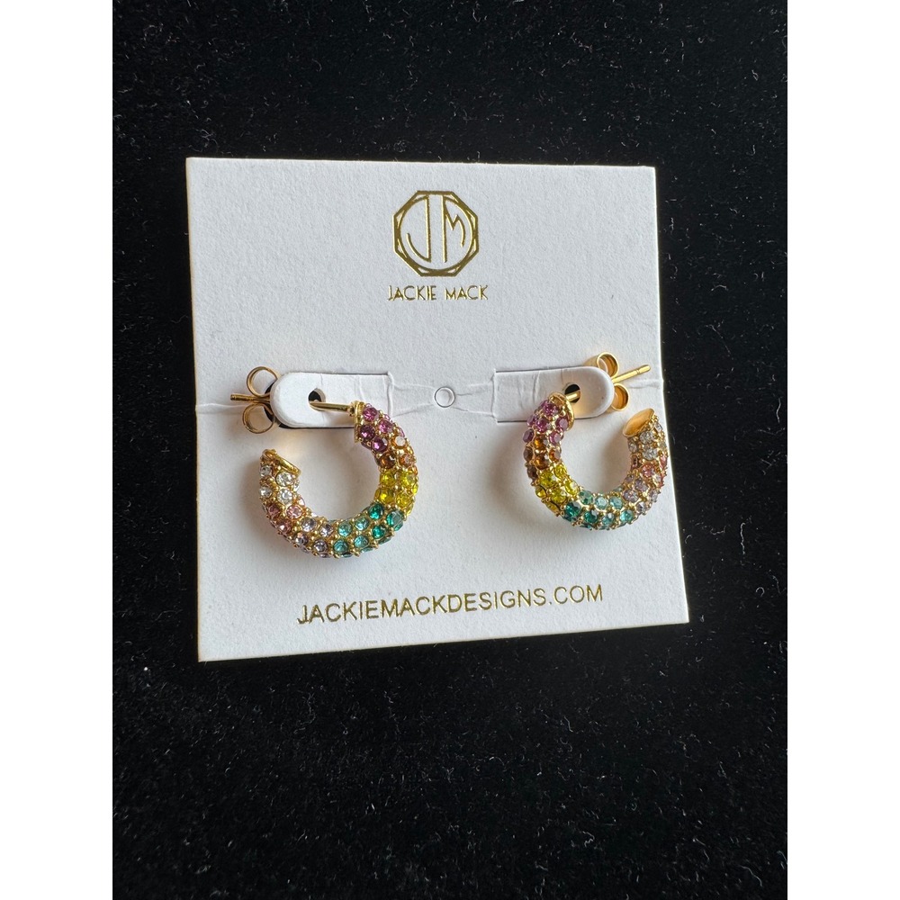Jackie Mack Designs Rainbow Rhinestone Hoop Earrings Gold Tone
